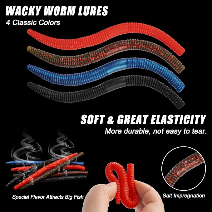 Wacky Rig Kit for Bass Fishing, 70pcs Wacky Worm Kit with Wacky Hooks, O-Rings, Wacky Tool, Soft Stick Worms and Tackle Box, Bass Fishing Lures for Largemouth and Smallmouth Bass