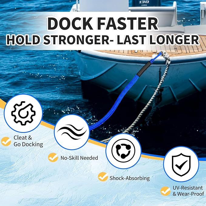 2-Pack Bungee Dock Lines for Boats with Loops, Boat Tie Downs for Docking, Adjustable Boat Mooring Rope for Pontoon, Jon Boat & PWC (Blue, 4 FT)