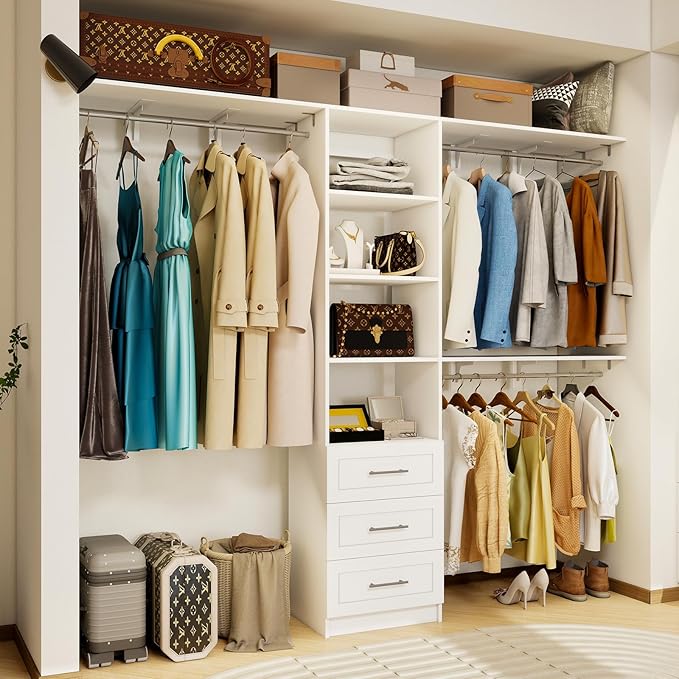 96 inch Closet System with Wooden Drawers, 5FT-8FT Closet Organizer System with Shelving Tower, Walkin Closet System with Expandable Hanging Rods & Movable Shelves, Wall Mount, 96”*14.8”*81”,White