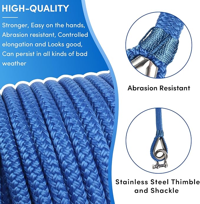 Boat Anchor Rope 100 ft x 1/2 inch Sky Blue,Double Braided Anchor Line with Stainless Steel Thimble & Shackle, Marine Rope Ideal for Towing,Mooring,Decks,Anchoring,for Boats Up to 35'