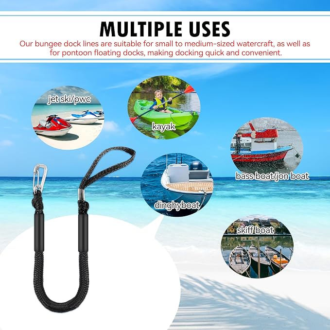Boat Bungee Dock Lines – Adjustable Boat Tie Downs for Pontoon, Jet Ski, PWC, Kayak | Single Hook Small Cruiser Mooring Lines | (2, Black, 3 Feet)