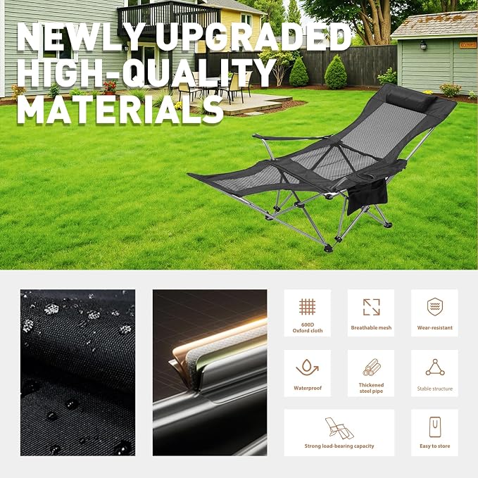 Zero Gravity Chair Reclining Folding Chair with Removable Footrest and Pillow & Cup Holder, Adjustable Outdoor Oxford Fabric Lounge Recliner for Camping, Beach, Garden, Patio, Black Mesh