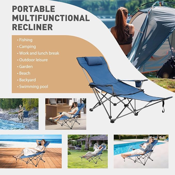 Reclining Folding Camping Chair with Removabel Footrest, Adjustable Folde Camping Chair with Foot Rest, Camp Lounge Outdoor Beach Chair, Oxford Fabric Reclining Design with Pillow Cup Holder, Blue