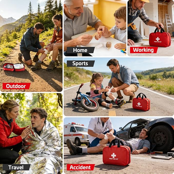 382 Piece Portable First Aid Kit, Emergency Preparedness Supplies for Home, Car, Travel, Camping, Office and Outdoor Use, Compact Red Bag with Assorted Bandages, Gauze and Care Accessories