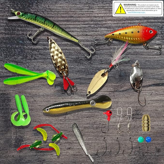 Fishing Lures Kit Set, Baits Tackle Including Crankbaits, Topwater Lures, Spinnerbaits, Worms, Jigs, Hooks, Tackle Box and More Fishing Gear Lures for Bass Trout