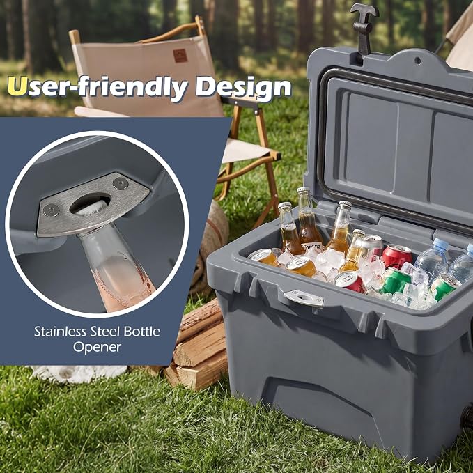 Goplus Hard Cooler, Insulated Ice Chest w/Portable Handles, Cup Holders, Ruler, Bottle Opener, 6 Day Ice Retention for Drink, Beverage, Camping, Fishing, Beach