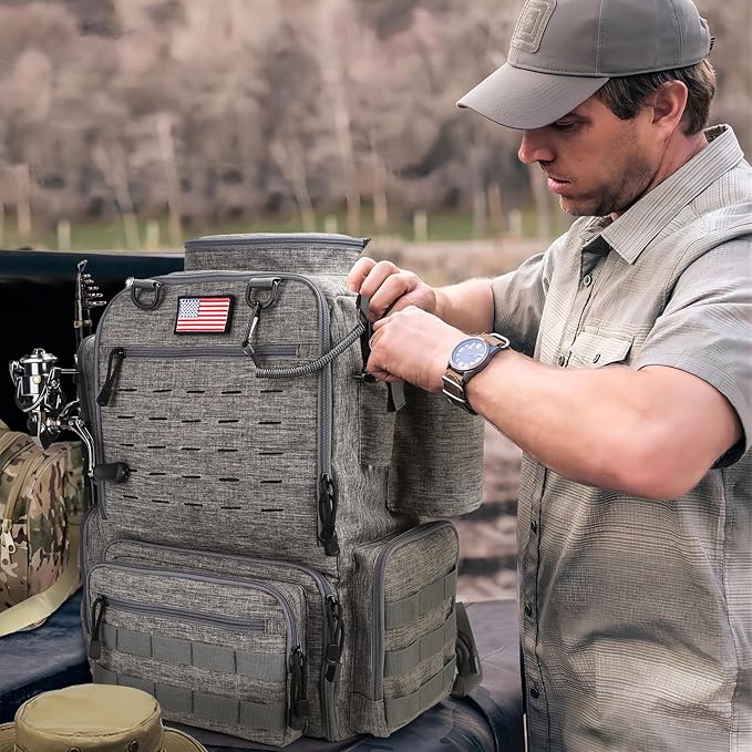 Fishing Backpack, Fishing Tackle Backpack with Rod Holders for 4 Boxes (Box Not Included) 45L Waterproof Fishing Gear, Ideal for Men and Women Tackle Box Bag (Storm Gray)