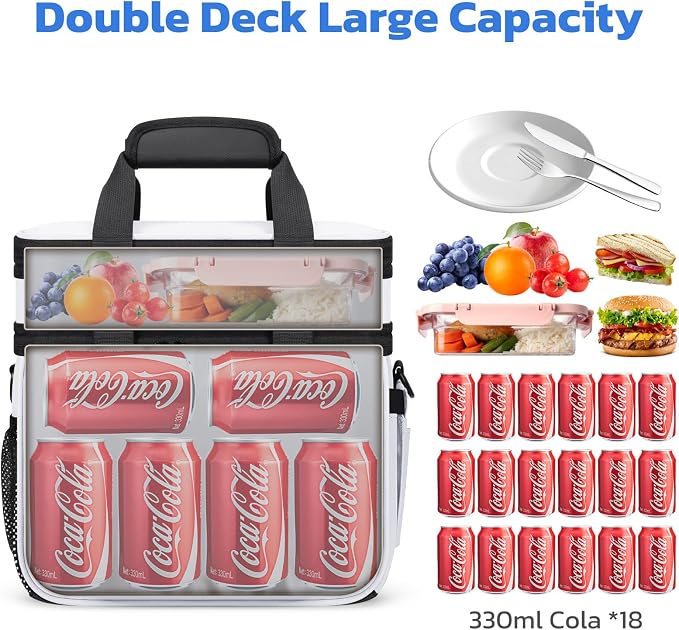 Maelstrom Lunch Box, 20L Insulated Lunch Bag for Men Women, Expandable Double Deck Leakproof Cooler Bag with 6 Pockets, Reusable Lunch Tote Bag for Work, Picnic, Travel, White