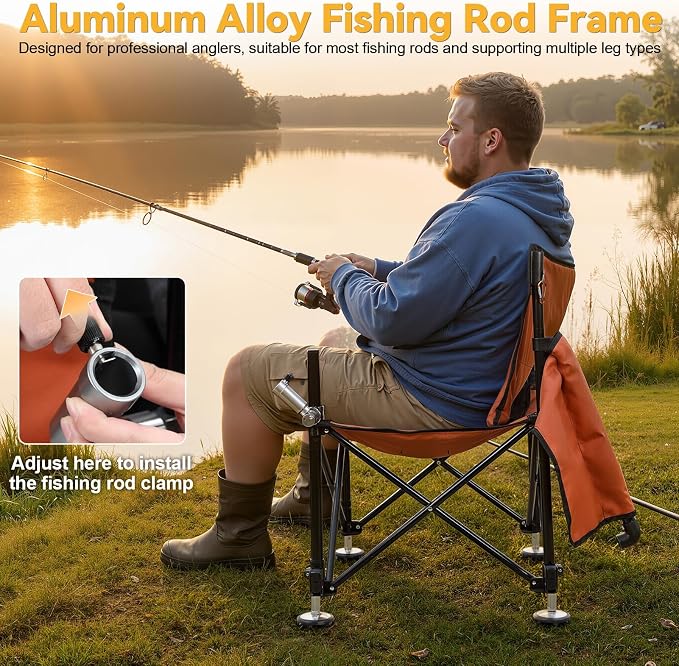 Folding Portable Fishing Chair, 220lbs Capacity Outdoor Chair with Adjustable All-Terrain Legs, Non-Slip Feet, Dual Rod Holders & Storage Bag Orange