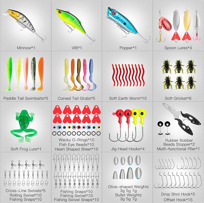 WITOROR Fishing Lures, Tackle Box with Tackle Included, Crankbaits, Spoon, Hooks, Weights & Other Accessories, Fishing Bait Lure Gear Kit Gifts for Men Bass Freshwater