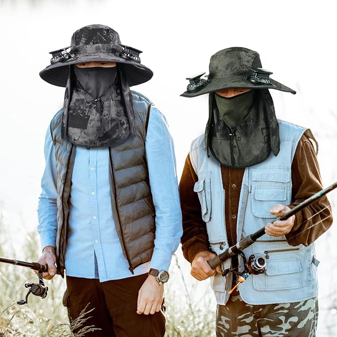 Glitopper 2 Pcs Solar Fan Hat with 2 Fan Wide Brim Removable Face Cover Cooling Fishing Buckets Hats