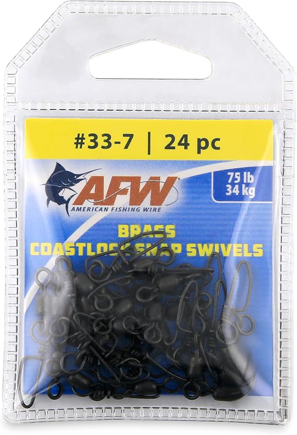 AFW Brass Coastlock Snap Swivels – Durable Fishing Gear with High-Strength Wire Snaps, Black Oxide Finish, Prevents Line Twisting & Kinking, Supports Up to 350 lb Test.