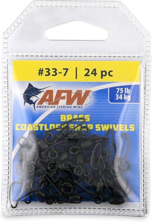 AFW Brass Coastlock Snap Swivels – Durable Fishing Gear with High-Strength Wire Snaps, Black Oxide Finish, Prevents Line Twisting & Kinking, Supports Up to 350 lb Test.
