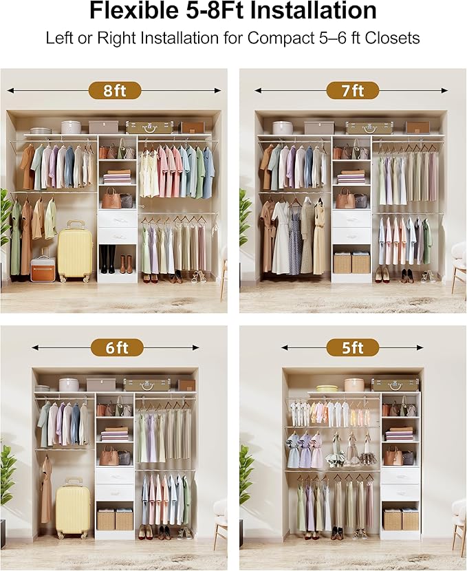 5-8FT Walk-in Closet Organizer System with 2 Wood Drawers, 4 Adjustable Hanging Rods, Wardrobe Storage Organizer with Valet Rod Duty Freestanding Garment Rack for Bedroom, Laundry, White