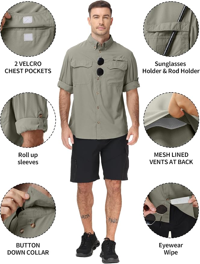 Roadbox Men's Sun Protection Fishing Shirt, Long Sleeve Cool Dry Lightweight UPF 50+ Shirts for Hiking Safari Camping Travel