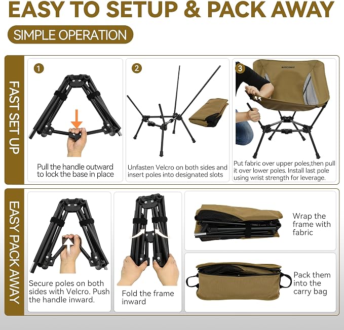 MARCHWAY Lightweight Folding Camping Chair, Portable Foldable Compact for Outdoor Camp, Travel, Beach, Picnic, Festival, Hiking, Backpacking, Supports 330Lbs (Khaki)