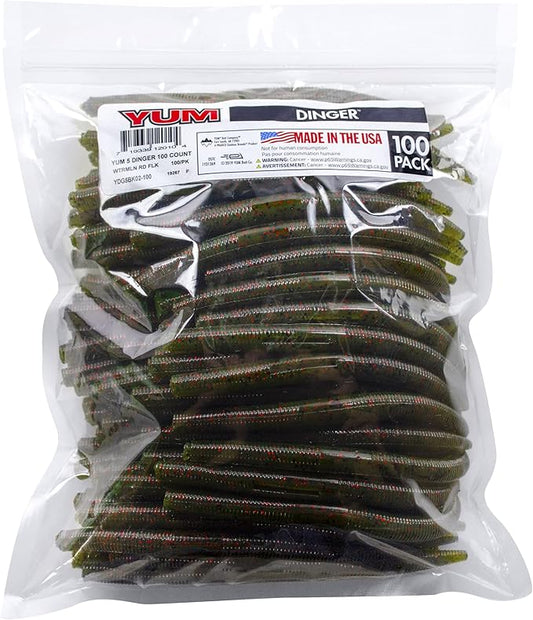 YUM Dinger Classic Worm All-Purpose Soft Plastic Bass Fishing Lure 100 Pack, 5 Inch
