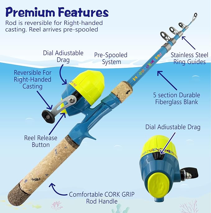 Kids Rod Set, Kids Fishing Rod and Reel Combo and Fishing Net Tackle Box with Fishing Lure Hook and Bag for Girls Beginners, Kids, Youth Anglers