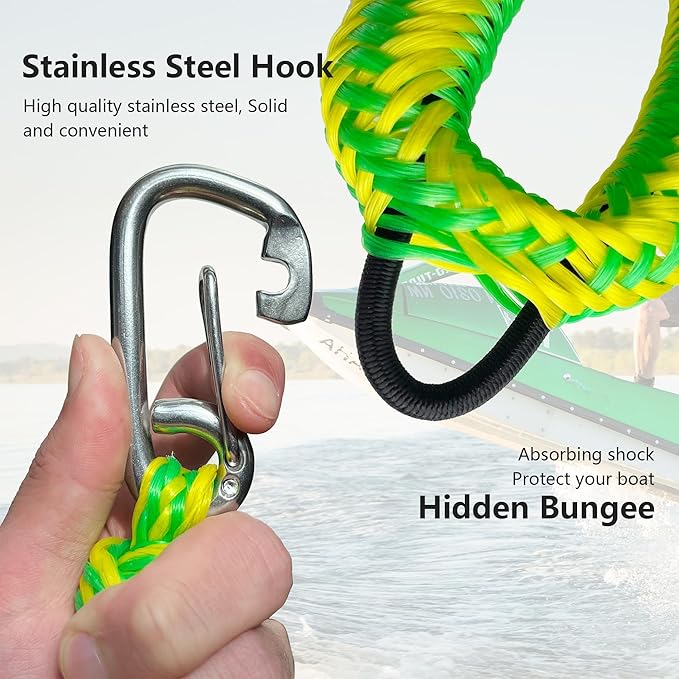 Bungee Boat Dock Line, Boat Rope with Double 316 Stainless Steel Clips Accessories for Bass Boat, Kayak, Pontoon, Watercraft, Waverunner, SeaDoo, Canoe,2Packs,4-6FT, Yellow&Green