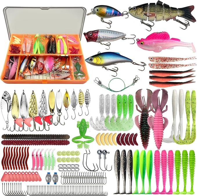Fishing Lures - Fishing Kit Included 193Pcs Fishing Accessories and Tackle Box, Frogs, Minnows, Soft Baits, Hooks & Weights Accessories Gear Gift for Men Freshwater Bass Trout
