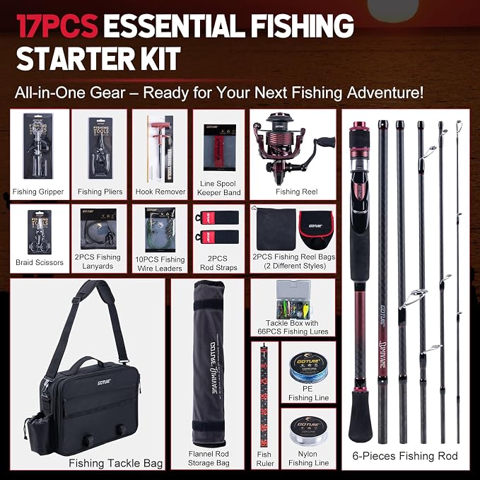 Goture Spinning Fishing Rod & Reel Combo with Carrier Bag,6.6-9FT,Spin Reels, Lures Kit, Pliers, Braided Line, Fish Gripper, Carbon Fiber Freshwater Fishing Rod Full Kit for Starter