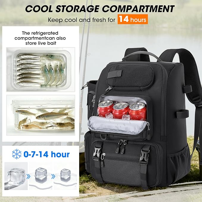 RAINSMORE Fishing Backpack with Rod Holders & Cooler 40L Water Resistant Tackle Backpack with Rain Cover Store Fishing Gear