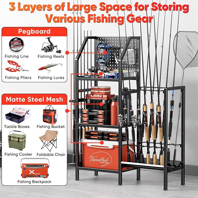 POKIPO Fishing Rod Holders for Garage,Fishing Rod Rack Storage up to 18 Rods,3 Tier Adjust Heavy Duty Metal Fish Pole Stand Organizer with Pegboard for Fishing Gear and Equipment Accessories