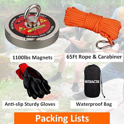 MUTUACTOR Strong Fishing Magnets Kit,1100lb Large Neodymium Rare Earth Magnets Heavy Duty Powerful Magnet Fishing with 65ft Salvage Rope,Gloves,Waterproof Bag for Finding Lost Treasures in Rivers
