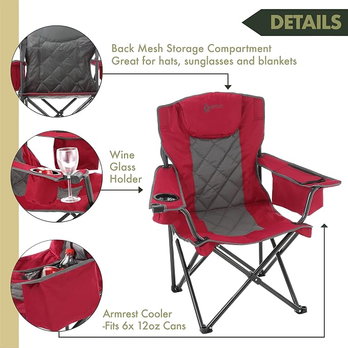 ARROWHEAD OUTDOOR Portable Deluxe Folding Camp Quad Chair w/Headrest, Glass & Cup Holders, Armest 6-can Cooler, Heavy Duty Carry Bag, 550 lbs Weight Capacity