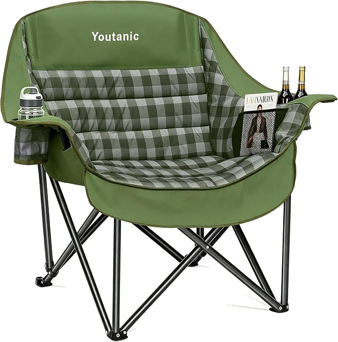 Youtanic Oversized Extra Large Padded Camping Chair, Heavy Duty 400 lbs Foldable Lawn Chair, Ergonomic Outdoor Seat with Plaid Design, Cup Holders & Storage Pockets for Fishing, Sports, Green