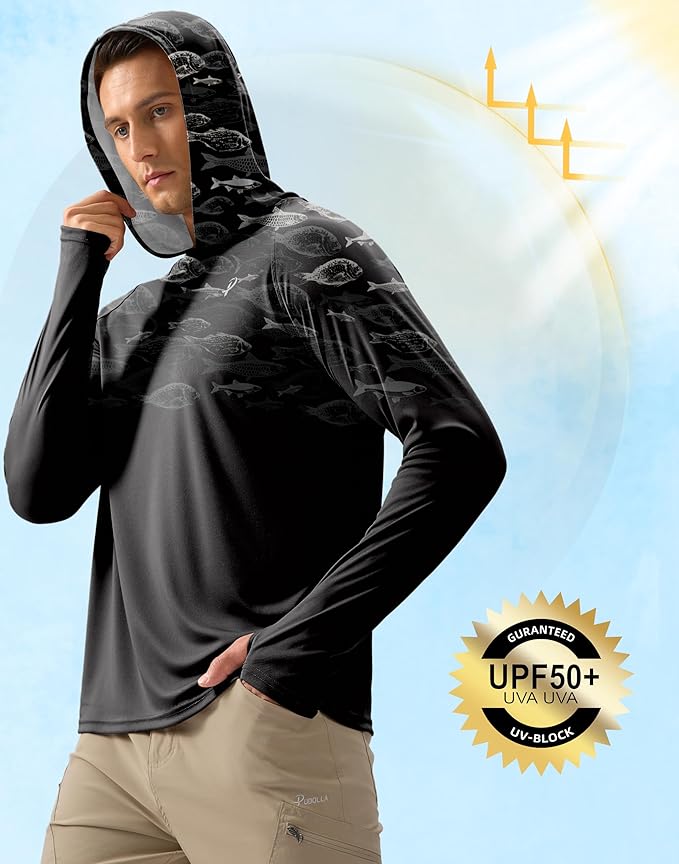 Pudolla Men's Sun Protection Hoodie Shirts UPF 50+ Rash Guard SPF Long Sleeve Fishing Shirt for Men Swim Hiking Boating