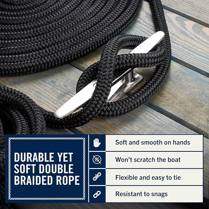RainierSupplyCo Dock Lines - Boat Rope for Docking with Loop - 30 ft x 3/4 Inch Premium Double Braided Nylon Marine Rope - Mooring Line with 18" Eyelet - Boat Accessories - Black