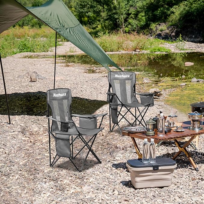 Nazhura 2 Pack Outdoor Camping Chairs Folding/Foldable/Portable with Cooler Pouch, Mesh Backrest and Cup Holder Pocket(Grey, 2 Pack)