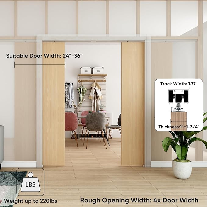 12FT Double Pocket Door Track Kit, 2 Sets of 68.7" Spliced Rail, Suitable for Double Door Width 48"-72"(Single Panel 24"-36"), Slide Quietly and Smoothly, Easy to Install