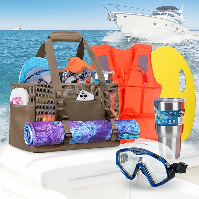 Yarwo Boat Gear Tote Bag, 35.5L Waterproof Boat Accessories Organizer with Marine-grade Coated Mesh and Wet Dry Pockets