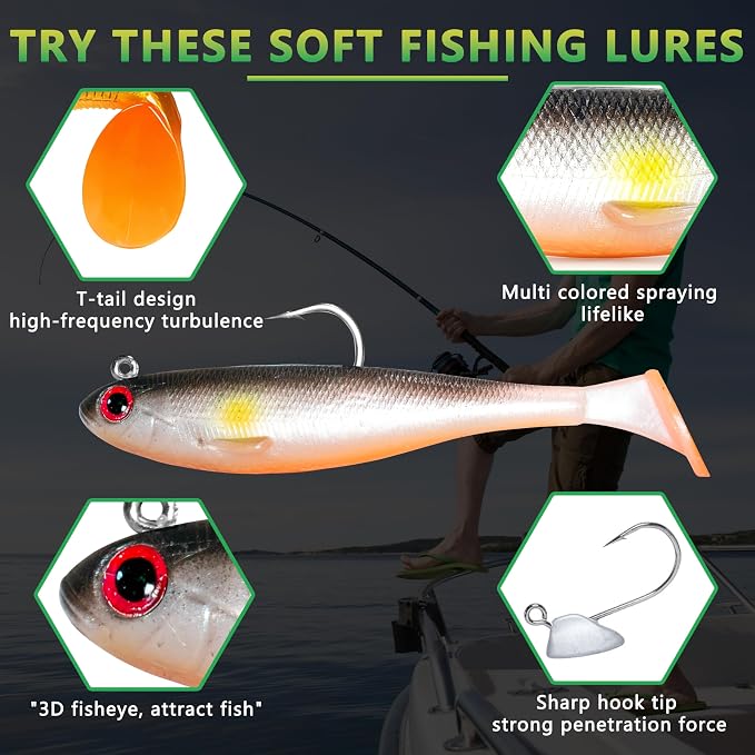 Soft Fishing Lures for Bass Fishing:Pre-Gigged Swim Baits for Saltwater or Freshwater.Soft Plastic Fishing Accessories.