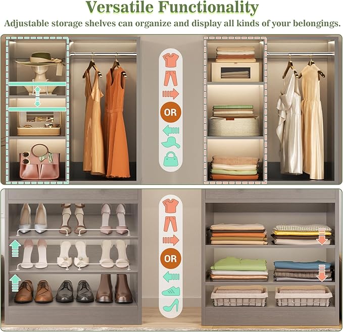 Closet System with 2 Drawers, 3 Hanging Rods, 59.5" * 31.5" Closet Organizer System with Corner Tower, Reversible L Shaped Walk-in Closet System, Corner Closet System Set of 2, Morandi Grey