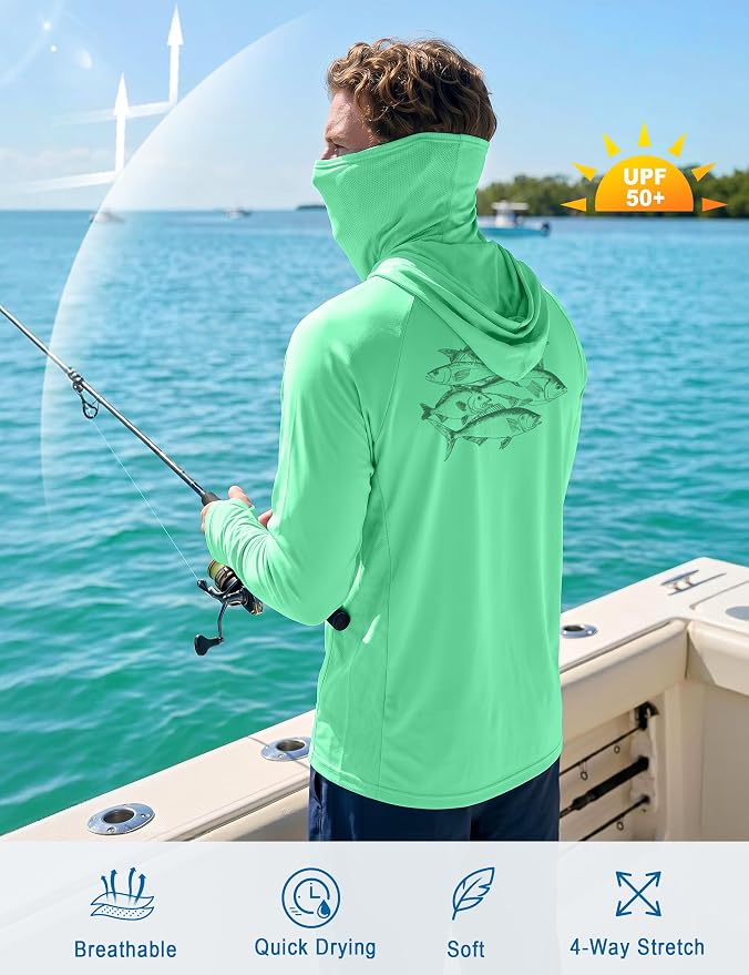 Men's UPF 50+ Long Sleeve Fishing Hoodie, UV Protection Sun Shirt with Hood Mask, Hooded Graphic Shirts for Outdoor