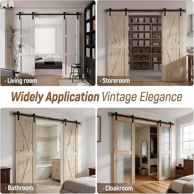 CCJH 16FT Sliding Barn Door Hardware Kit, Heavy Duty, Smoothly and Silently, Easy to Install, Fit 48" Width Double Door Panel, I Shaped Hangers Black