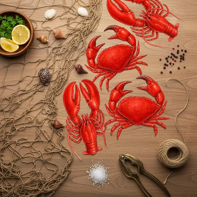 Silipull 11 Pcs Crawfish Crab Party Decorations Kit Fishing Net Cute Cardstock Photo Prop for Birthday Sea Animal Indoor Outdoor Dessert Table Party Supply