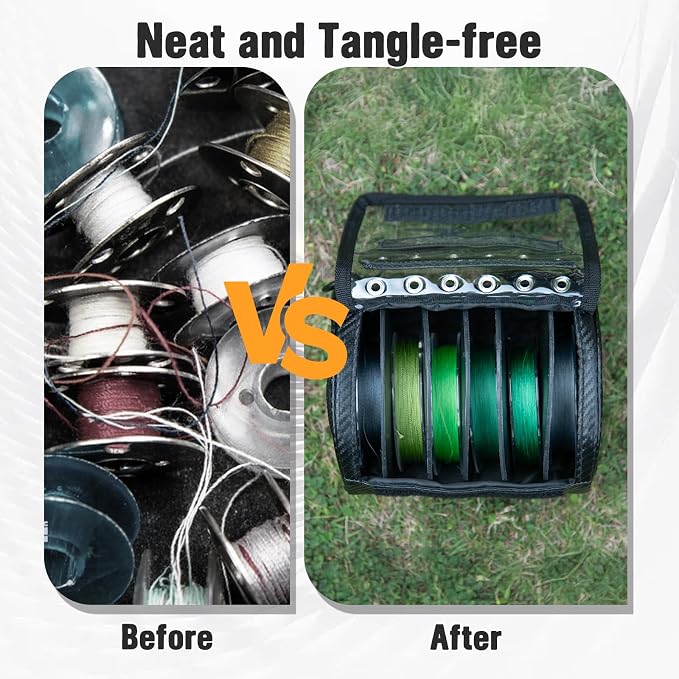 Goture 3/6 Outlet Holes Fishing Line Storage Bag, 2 Sizes Clear View Window Fishing Line Case, Removable Divider Fishing Line Organizer, Water-Resistant Surface, Tangle-Free Leader Line Spool Bag
