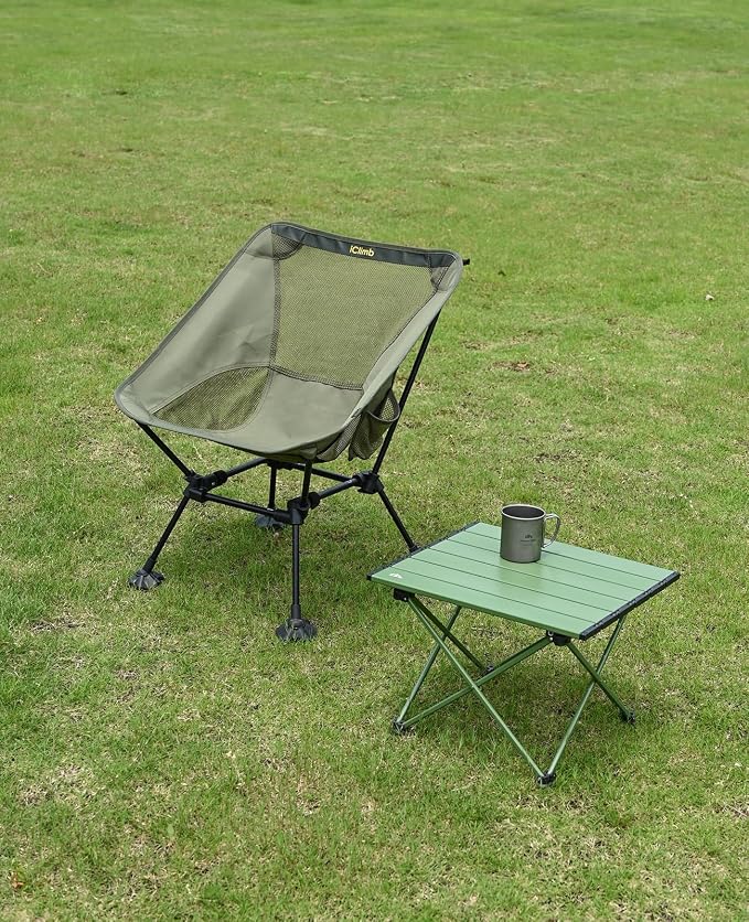 iClimb Ultralight Compact Camping Folding Beach Chair with Anti-Sinking Large Feet and Back Support Webbing (Green - Square Frame - 2PC)