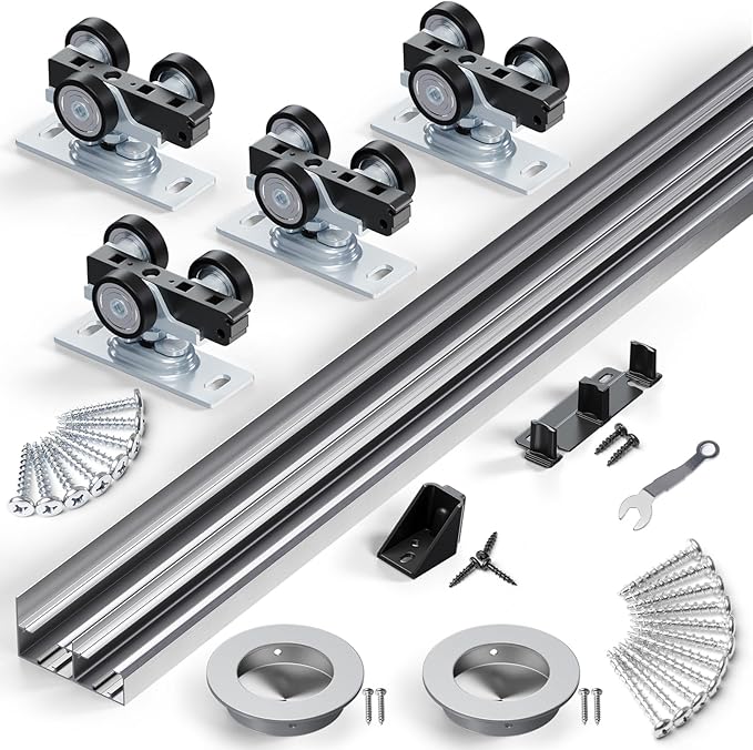 SMARTSTANDARD 96"/8FT Bypass Sliding Door Hardware Kit for Cabinet Closet, Aluminum Alloy Door Hardware with Finger Pull, for 2 Door System, Smoothly and Quietly, Fit 45.5" Wide Door Panel, No Door