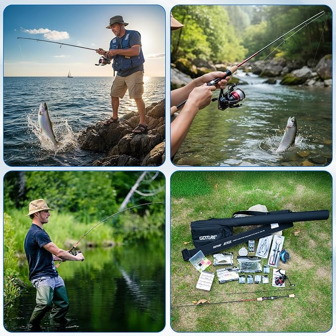 Goture Fishing Rod and Reel Combos, 2-Piece Ultralight Trout Fishing Pole Spinning Reel Line Lures Set with Carrier Bag, Spinning Rod Kit for Starter Travel Saltwater Freshwater, Gifts for Men
