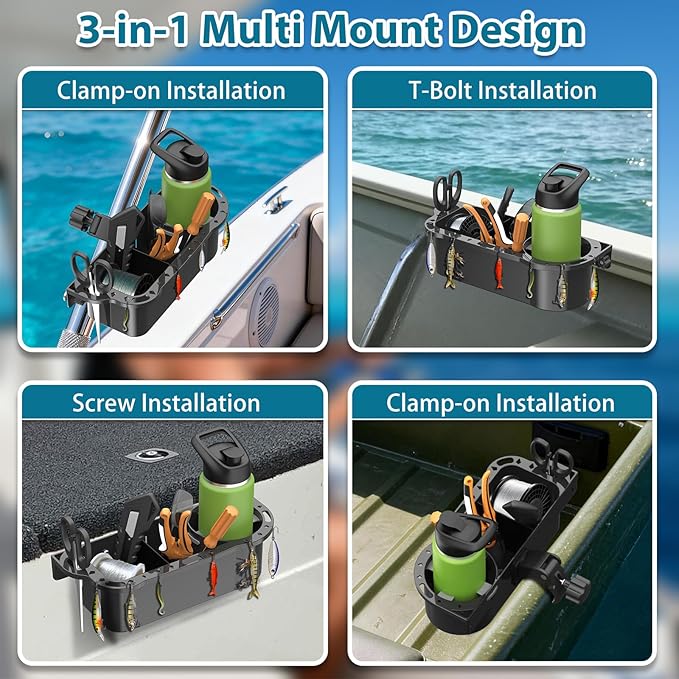 Boat Caddy Organizer, 3-in-1 Mount (Screw/Fishing Boat Track/Clamp-On), Removable Divider Card & Anti-Slip Pad, Fits 40oz Tumbler, for Boat Kayak Tree Stand Bicycle Walker Wheelchair