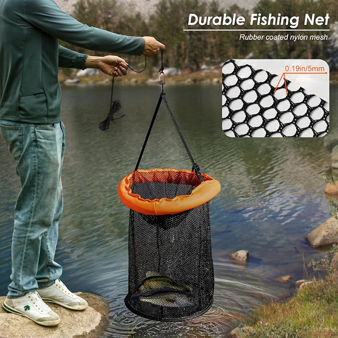 QualyQualy Floating Fish Basket for Live Caught, 10/15 Gallons Foldable Fishing Holder Minnow Bucket Portable Collapsible Fishing Net Storage Cage for Live Fish Bait Live Well