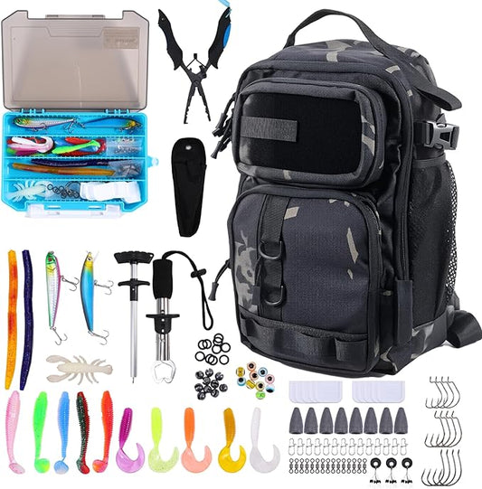103PCS Fishing Tackle Bag, Fishing Gear for Men Adults, Camouflage Backpack with Rod Holder Tackle Box, Waterproof Sling Fishing Tackle Storage Bags & Wraps, for Fishing, Camping, Hiking