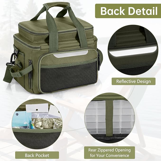 Fishing Tackle Bags with 4 * 3600 Tackle Trays - Saltwater & Freshwater Fishing Gear Bag Padded Shoulder Strap Tackle Box Bag (Green)