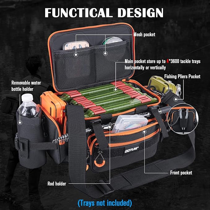 Goture Fishing Tackle Bag, 600D Water-Resistant Soft Side Crossbody Sling Bag with Rod Holder,Small Gear Storage Tactical Bags for Saltwater & Freshwater,Fits 4 3600 Tackle Boxes (Not Included)
