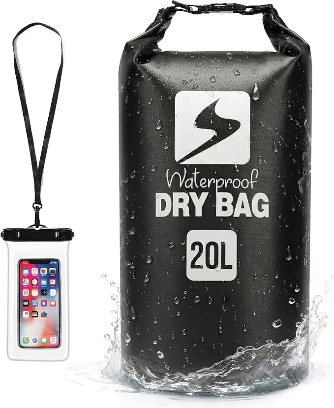 Soulsfeng Waterproof Dry Bag Backpack, Roll Top Floating Dry Storage Bag with Phone Case, Lightweight Dry Sack for Kayaking, Boating, Beach, Travel, Camping 20L, Black